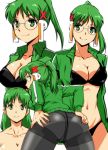  1girl ass ass_grab bangs black_bra black_panties bra breasts cleavage collarbone commentary_request crotch_seam eyebrows_visible_through_hair glasses grabbing green_eyes green_hair green_jacket hair_ornament homeko jacket medium_breasts multiple_views navel open_clothes open_jacket os-tan panties panties_under_pantyhose pantyhose smile thighband_pantyhose underwear white_background x_hair_ornament xp_home-tan yuya 