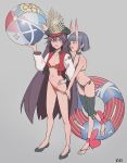  2girls absurdres bikini black_hair fate/grand_order fate_(series) hat highres innertube jacket kiritzuguart legs long_hair multiple_girls oda_nobunaga_(fate)_(all) oda_nobunaga_(swimsuit_berserker)_(fate) oni_horns open_mouth purple_eyes purple_hair red_eyes short_hair shuten_douji_(fate/grand_order) skin-covered_horns swimsuit very_long_hair 