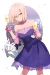  1girl ara_ssmjnkosam_-key2321 blue_dress breasts cleavage closed_mouth collarbone cup detached_sleeves dress drinking_glass eyes_visible_through_hair fate/grand_order fate_(series) fou_(fate/grand_order) gloves hair_over_one_eye highres holding holding_cup leaning_to_the_side long_sleeves looking_at_viewer mash_kyrielight medium_breasts pink_gloves pink_sleeves see-through shiny shiny_hair short_dress short_hair silver_hair sleeveless sleeveless_dress smile solo standing strapless strapless_dress wine_glass 