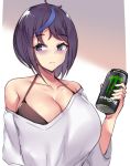  1girl bags_under_eyes bikini breasts can cleavage energy_drink holding holding_can kuavera large_breasts looking_away medium_hair miyako_(kuavera) mole mole_under_mouth monster_energy multicolored_hair off_shoulder original product_placement purple_hair shirt solo streaked_hair swimsuit upper_body white_shirt 