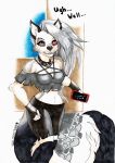  2020 amber_wind anthro black_bottomwear black_clothing black_collar black_nose bottomwear breasts canid canid_demon canine canis cellphone clothed clothing collar demon ear_piercing ear_tuft eyebrow_piercing facial_piercing female fur fur_markings grey_body grey_eyes grey_fur grey_hair growling hair half-closed_eyes hellhound helluva_boss hi_res holding_cellphone holding_object holding_phone long_hair looking_away loona_(vivzmind) makeup mammal markings multicolored_body multicolored_fur multicolored_tail narrowed_eyes open_mouth phone piercing red_sclera shirt simple_background solo spiked_collar spikes standing teeth topwear traditional_media_(artwork) tuft white_body white_fur wolf 