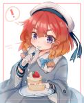  ! 1girl blonde_hair blue_sailor_collar blush bob_cut braid cake coat dessert eating etorofu_(kantai_collection) food fruit gloves gradient_hair hat kantai_collection long_hair long_sleeves looking_at_viewer megane_poni multicolored_hair plate purple_eyes red_hair sailor_collar sailor_hat side_braid solo strawberry thick_eyebrows twin_braids white_gloves winter_clothes winter_coat 