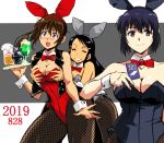  3girls alcohol animal_ears armpits bangs bare_shoulders beer black_hair black_vest blue_hair blue_leotard blush bow bowtie breasts brown_eyes brown_hair bunny_ears bunny_girl bunnysuit cleavage closed_eyes closed_mouth collarbone commentary_request cup detached_collar drink embarrassed explosive fake_animal_ears fishnet_legwear fishnets grenade grey_leotard grin holding holding_tray large_breasts leotard long_hair medium_breasts multiple_girls open_mouth original pantyhose purple_eyes red_bow red_leotard red_neckwear short_hair small_breasts smile standing strapless strapless_leotard thighs tray two-tone_background vest wrist_cuffs yuya 