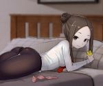  1girl ass bangs bed black_legwear blurry blurry_background brown_eyes brown_hair closed_mouth condom depth_of_field forehead hair_bun highres holding holding_phone karakai_jouzu_no_takagi-san long_sleeves looking_at_viewer lying medium_hair necktie note2000 on_stomach pantyhose parted_bangs phone red_neckwear shirt smile solo takagi-san white_shirt 