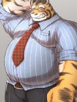  anthro belly blush clothed clothing eyes_closed eyewear felid fur glasses hand_behind_head male mammal moobs necktie nullraihigi orange_body orange_fur overweight overweight_male pantherine pen smile solo striped_body striped_fur stripes teeth tiger white_body white_fur 