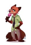  2019 anthro bottomwear canid canine cheek_tuft clothed clothing dewshess dipstick_ears disney facial_tuft food fox fully_clothed fur gloves_(marking) green_eyes hand_in_pocket head_tuft hi_res holding_food holding_object licking mammal markings multicolored_ears necktie nick_wilde orange_body orange_fur pants pawpsicle pockets popsicle red_fox shirt simple_background solo standing tongue tongue_out topwear tuft white_background zootopia 