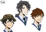  3boys artist_name asakusa_midori black_hair blazer blue_jacket brown_hair camouflage_hat eizouken_ni_wa_te_wo_dasu_na! genderswap genderswap_(ftm) jacket kanamori_sayaka male_focus mizusaki_tsubame multiple_boys necktie simple_background vatto_(1997522adachi) white_background 