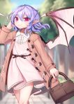  1girl alternate_costume arm_up bag bat_wings belt blue_hair blue_sky blurry blurry_background braid brown_coat coat commentary_request contemporary contrapposto cowboy_shot day depth_of_field dress eyebrows_visible_through_hair fingernails french_braid gunjou_row hair_between_eyes hand_in_hair handbag highres holding_handbag looking_at_viewer nail_polish no_headwear open_clothes open_coat outdoors petticoat pinafore_dress pink_dress pointy_ears purple_nails red_eyes red_nails remilia_scarlet sett sharp_fingernails shirt sky slit_pupils smile solo standing stone_walkway touhou tree white_shirt wings 