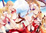  119 4girls :d beach bent_over bikini black_bikini_bottom black_legwear black_shorts blonde_hair blue_eyes blush bow bow_bikini bracelet braided_ponytail breasts brown_eyes choker cleavage closed_mouth cloud collarbone criss-cross_halter crossed_legs day detached_sleeves dutch_angle ereshkigal_(fate/grand_order) fate/grand_order fate_(series) floating_hair frilled_umbrella hair_bow hair_intakes halterneck holding holding_umbrella jeanne_d&#039;arc_(fate)_(all) jeanne_d&#039;arc_(swimsuit_archer) jewelry kneehighs long_hair long_sleeves looking_at_viewer medium_breasts mordred_(fate)_(all) mordred_(swimsuit_rider)_(fate) multiple_girls navel nero_claudius_(fate)_(all) nero_claudius_(swimsuit_caster)_(fate) open_mouth outdoors parted_lips ponytail purple_bikini_top purple_bow purple_legwear red_bikini red_bikini_bottom red_bikini_top red_bow red_eyes red_sleeves short_hair short_shorts shorts sideboob sitting smile striped_bikini_top swimsuit thigh_strap thighhighs twintails umbrella very_long_hair 