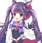  1girl :d animal_ear_fluff animal_ears bangs bare_shoulders black_gloves black_shirt blunt_bangs blush bow frilled_skirt frills gloves hat keyhole kirihara_kasumi looking_at_viewer mauve multicolored_hair open_mouth princess_connect! princess_connect!_re:dive purple_bow purple_eyes purple_hair red_headwear red_skirt shirt simple_background skirt sleeveless sleeveless_shirt smile solo spade_(shape) twintails two-tone_hair white_background 