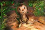  black_eyes chespin commentary_request creature food full_body gen_6_pokemon golden_boden grass holding holding_food looking_up no_humans nut_(food) plant pokemon pokemon_(creature) solo standing 