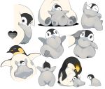  animal baby_penguin beak bird chick closed_eyes emperor_penguin gloves grey_gloves hand_on_another&#039;s_head head_tilt hiyoratory looking_at_another looking_at_viewer lying_on_another no_humans original penguin petting sleeping smile white_background 