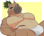  2020 anthro brown_body brown_fur bulge canid canine canis clothing cute_fangs domestic_dog fur hi_res male mammal naistop scar slightly_chubby solo tokyo_afterschool_summoners underwear video_games yasuyori 