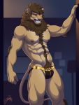  abs anthro body_hair brown_hair bulge chest_hair clothing ear_piercing felid feralise feralse fur grin hair happy_trail hi_res jockstrap lion male mammal mane muscular muscular_male nipple_piercing nipples obliques pantherine piercing pubes smile solo tail_tuft tan_body tan_fur teeth tuft underwear 