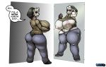  anthro araidian_(artist) big_breasts big_butt bottomwear breasts butt clothed clothing dafang female fully_clothed giant_panda hi_res holding_object huge_breasts hyper hyper_breasts jeans mammal mirror nipples pants partially_clothed solo speech_bubble text thick_thighs torn_clothing transformation ursid 