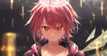  1girl arknights blood blood_on_face bullet closed_mouth collarbone expressionless exusiai_(arknights) face glass_shards hair_between_eyes halo looking_at_viewer omelet_tomato red_hair red_hoodie scar shattered short_hair solo 