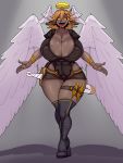 absurd_res angel ber00 big_breasts breasts cleavage clothed clothing female halo head_wings hi_res huge_breasts humanoid humanoid_pointy_ears mammal nipple_outline not_furry open_mouth sharp_teeth simple_background solo teeth tongue tongue_out wide_hips winged_humanoid wings 