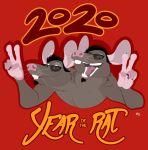  2020 2_heads chinese_new_year conrad_penn english_text eyewear gesture kobi_lacroix looking_at_viewer mammal multi_head murid murine open_mouth rat red_background rodent simple_background smile sunglasses text v_sign year_of_the_rat 