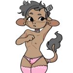  1:1 2020 anthro blush bottomwear bovid bovine bulge cattle choker clothed clothing digital_media_(artwork) fur girly hair hi_res jewelry legwear looking_at_viewer male mammal manitka manitka_(character) necklace nipples open_mouth simple_background solo stockings thigh_highs topless underwear 
