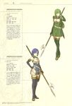  2girls armor armored_dress belt blue_eyes blue_hair boots breastplate catria_(fire_emblem) dress elbow_gloves fingerless_gloves fire_emblem fire_emblem_echoes:_shadows_of_valentia full_body gloves green_eyes green_hair hair_ornament halberd headband hidari_(left_side) highres holding holding_polearm holding_weapon long_hair looking_at_viewer multiple_girls official_art palla_(fire_emblem) polearm scan serious short_hair skirt smile standing thighhighs weapon 