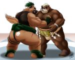  2020 anthro ashigara belly bodily_fluids brown_body brown_fur bulge butt canid canine canis domestic_dog duo fur humanoid_hands male mammal overweight overweight_male scar shadowninja976 sumo sweat tokyo_afterschool_summoners ursid video_games yasuyori 