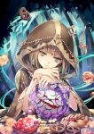  1girl aqua_eyes artist_name birdcage bracelet brown_hair cage chain cloak gold_chain gold_trim gretel_(sinoalice) hansel_(sinoalice) highres hood hood_up hooded_cloak jewelry ln looking_at_viewer nail_polish own_hands_together pastry sinoalice smile 