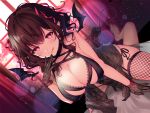  1boy 1girl :q a bangs bare_shoulders black_babydoll black_gloves black_panties blush breasts brown_hair cleavage demon_girl demon_tail demon_wings eyebrows_visible_through_hair fishnet_legwear fishnets garter_straps gloves hair_ribbon large_breasts light_particles long_hair looking_at_viewer on_bed original panties pointy_ears purple_eyes ribbon side-tie_panties sidelocks skindentation solo_focus sourenkio straddling succubus tail thighhighs tongue tongue_out two_side_up underwear wavy_hair wings 