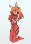  1girl animal_ears blue_eyes blush bodysuit cat cat_girl eyepatch highres interface_headset kiritzuguart long_hair neon_genesis_evangelion orange_bodysuit pilot_suit plugsuit rebuild_of_evangelion red_hair shikinami_asuka_langley souryuu_asuka_langley test_plugsuit 