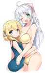  2girls ;d ahoge ass bangs bikini blue_eyes blue_ribbon blue_swimsuit blush bow breasts eyebrows_visible_through_hair green_eyes hair_between_eyes hair_bow hair_ribbon height_difference highres hug huyusilver large_breasts long_hair looking_at_viewer medium_hair multiple_girls one-piece_swimsuit one_eye_closed one_side_up open_mouth original pink_bow ribbon short_hair silver_hair simple_background small_breasts smile swimsuit two_side_up white_background yellow_bikini yuri 