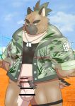  2020 anthro balls belly brown_body brown_fur canid canine canis censored clothing domestic_dog erection fur genitals hi_res humanoid_penis kemono male mammal morosuhe penis pubes scar shirt slightly_chubby solo tokyo_afterschool_summoners topwear video_games yasuyori 