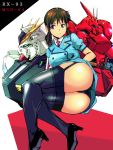  1girl ass bad_id bad_pixiv_id black_footwear black_legwear black_panties blue_eyes blue_skirt brown_hair buttons char's_counterattack commentary_request cosplay double-breasted garter_straps gundam high_heels jacket kamisimo_90 kneepits legs legs_together lying mecha necktie nu_gundam on_side panties presenting red_necktie robot sazabi science_fiction shirt short_sleeves skirt smile thighhighs thighs twintails_nurse_(kamisimo_90) underwear uniform v-fin white_shirt 