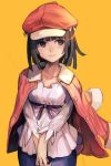  1girl bakemonogatari blush breasts brown_eyes brown_hair cabbie_hat closed_mouth hankuri hat jacket medium_hair monogatari_(series) sengoku_nadeko shy simple_background smile solo 