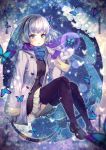  1girl black_legwear blue_background blue_butterfly blue_scarf bug butterfly coat flower grey_hair insect long_sleeves looking_at_viewer mittens multicolored_hair scarf short_hair sitting snow snowflakes snowing streaked_hair thighhighs vesper_(pixiv3568) white_butterfly white_hair 