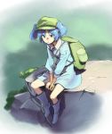  1girl backpack bag blue_eyes blue_footwear blue_hair blue_shirt blue_skirt boots cliff day full_body green_background green_headwear hair_bobbles hair_ornament kawashiro_nitori key long_sleeves looking_at_viewer outdoors plant shiratama_(hockey) shirt short_hair sitting skirt solo touhou two_side_up 