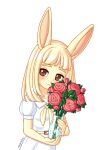  2020 beastars blonde_hair clothed clothing digital_media_(artwork) dress female flower fur hair haru_(beastars) lagomorph leporid long_ears looking_at_viewer mammal neonway plant rabbit simple_background smile solo tan_body tan_fur vase white_clothing white_dress 