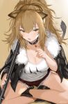  1girl animal_ears arknights bangs black_footwear black_nails blonde_hair blush boots breasts candy choker cleavage collarbone denim denim_shorts food fur-trimmed_jacket fur_trim hair_between_eyes highres holding jacket large_breasts lion_ears lion_tail lollipop long_hair looking_at_viewer messy_hair open_mouth red_shorts shorts siege_(arknights) sitting solo sorotu tail tank_top white_tank_top yellow_eyes 