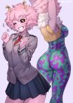  +++ 1girl ;) armpits arms_up artist_name ashido_mina ass bangs bare_arms black_sclera black_skirt bodysuit boku_no_hero_academia clenched_hands commentary cowboy_shot english_commentary eyebrows_visible_through_hair fur_collar grey_jacket grin hands_up highres horns impossible_bodysuit impossible_clothes iwbitu-sa jacket looking_at_viewer miniskirt multiple_views necktie one_eye_closed open_mouth outstretched_arm pink_hair pink_skin red_neckwear school_uniform short_hair simple_background skin_tight skirt sleeveless sleeveless_bodysuit smile stretch teeth twitter_username u.a._school_uniform vest white_background yellow_eyes 