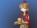  1girl 1other adrian_ferrer alcohol animal animal_on_head bandaid bandaid_on_face beer beer_mug blue_background brown_eyes brown_hair commentary crab_on_head english_commentary gradient gradient_background happi japanese_clothes kantai_collection looking_at_viewer oboro_(kantai_collection) on_head short_hair smile tray 