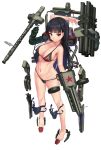 1girl absurdres akasaai arm_behind_head bangs bikini black_bikini black_hair blush breasts choker drum_magazine expressionless flag_print full_body groin gun highres holding holding_weapon knee_pads large_breasts long_hair looking_at_viewer machinery navel red_eyes red_star rocket_launcher same_ningen sofia_(same_ningen) solo standing stomach swimsuit toned very_long_hair weapon 