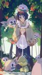  1girl absurdres bird black_hair blue_eyes commentary_request erika_(pokemon) gen_4_pokemon gen_7_pokemon gym_leader hairband highres ikada_sora japanese_clothes kimono owl pokemon pokemon_(creature) rowlet short_hair smile tree turtwig water wide_sleeves 