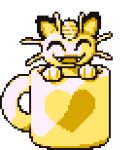  :d ^_^ animated animated_gif cat cat_focus closed_eyes creature cup facing_viewer gen_1_pokemon lowres meowth mug open_mouth pokemon pokemon_(creature) smile spinning transparent_background 