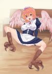  alternate_version_at_source animal_humanoid avian avian_humanoid bird_feet blush camouflagecrow clothed clothing feathered_wings feathers female hair hi_res humanoid ishuzoku_reviewers maid_uniform meidri open_mouth scutes spread_legs spreading talons tongue uniform wings 