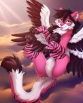  2020 4_toes black_nose detailed_background digital_media_(artwork) eyebrows eyelashes feathered_wings feathers felid feline female feral fur hi_res hybrid ketty mammal pink_body pink_fur solo toes tongue wings yellow_eyes 