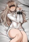  028ilc 1girl an-94_(girls_frontline) bangs bed bed_sheet black_blindfold blindfold blush bound bound_wrists breasts chain dress eyebrows_visible_through_hair girls_frontline grey_hair highres lips long_hair long_sleeves lying on_back on_bed pillow silver_dress solo turtleneck turtleneck_dress 
