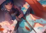  1girl blue_hair blue_shirt blue_skirt breasts closed_mouth cloud cloudy_sky commentary cross dawn english_commentary eyebrows eyebrows_visible_through_hair flying gate heikokuru1224 heterochromia highres holding holding_umbrella karakasa_obake looking_away medium_breasts open_eyes outdoors sandals shirt short_hair skirt sky smile solo tatara_kogasa tongue touhou umbrella wind 