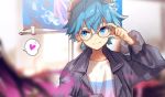  1boy adjusting_eyewear alternate_costume blue_eyes blue_hair blurry casual depth_of_field eyelashes fate/extra fate/extra_ccc fate_(series) glasses hans_christian_andersen_(fate) heart jacket male_focus no-kan poster_(object) smile solo spoken_heart 