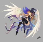  1girl angel_wings arm_up arm_warmers armpits black_gloves black_headwear black_legwear blonde_hair blue_eyes breasts cape commentary_request feathered_wings full_body gloves grey_background grin hat high_heels holding large_breasts long_hair looking_at_viewer loose_socks mag_(mag42) midriff original revealing_clothes simple_background smile solo thighhighs wavy_hair wings witch_hat 