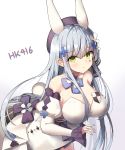  1girl absurdres animal_ears bangs bare_shoulders beret black_headwear blue_hair blush breasts bunny_ears bunny_girl bunny_tail character_name cleavage closed_mouth collarbone commentary_request detached_sleeves dress eyebrows_visible_through_hair facial_mark flower girls_frontline gradient gradient_background green_eyes grey_background hair_between_eyes hair_flower hair_ornament hat highres hk416_(girls_frontline) juliet_sleeves kemonomimi_mode large_breasts leaning_forward long_hair long_sleeves looking_at_viewer puffy_sleeves sleeves_past_wrists sobmarine solo strapless tail very_long_hair white_background white_dress white_flower white_sleeves 