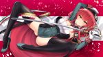 1girl arm_up azur_lane bangs beret black_headwear black_legwear blush breasts cape cleavage counahiiragi dress epaulettes eyebrows_visible_through_hair full_body gloves green_footwear hat highres holding holding_sword holding_weapon italian_flag large_breasts long_hair looking_at_viewer lying multicolored multicolored_clothes multicolored_dress on_back red_hair saber_(weapon) sheath shoes short_dress shrug_(clothing) sidelocks skindentation sleeve_cuffs smile solo spread_legs strapless strapless_dress sword thighhighs thighs tube_dress twintails weapon white_gloves yellow_eyes zara_(azur_lane) 