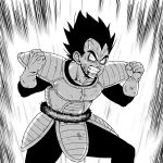  1boy anger_vein black_hair bloodshot_eyes clenched_hand clenched_teeth dragon_ball dragon_ball_(classic) gloves greyscale looking_at_viewer male_focus monochrome powering_up simple_background solo spiked_hair standing suzushiro_(suzushiro333) teeth vegeta white_gloves 